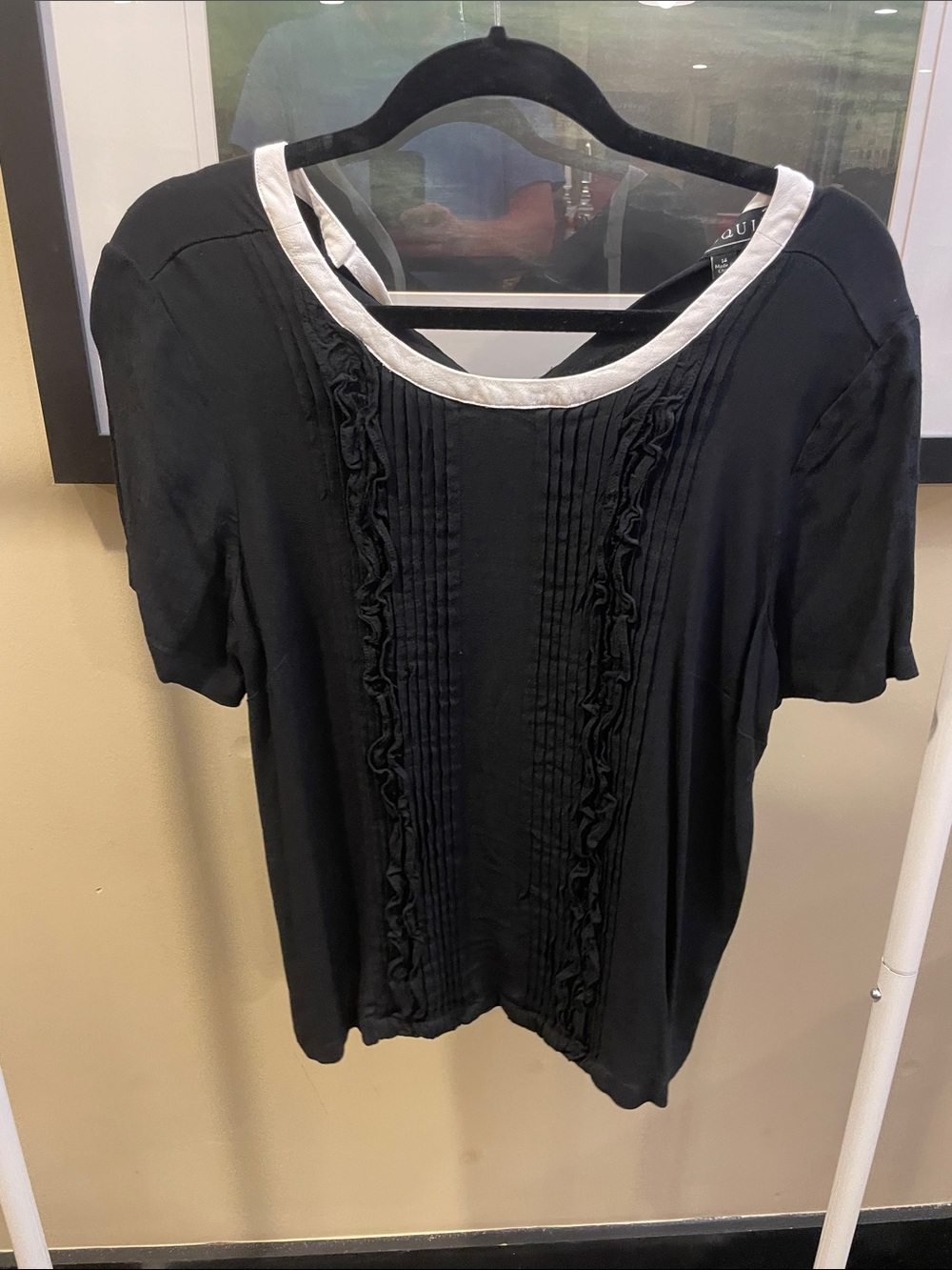 Eloquii. 14. Black Short-Sleeve Pintuck Top with White Neck Trim